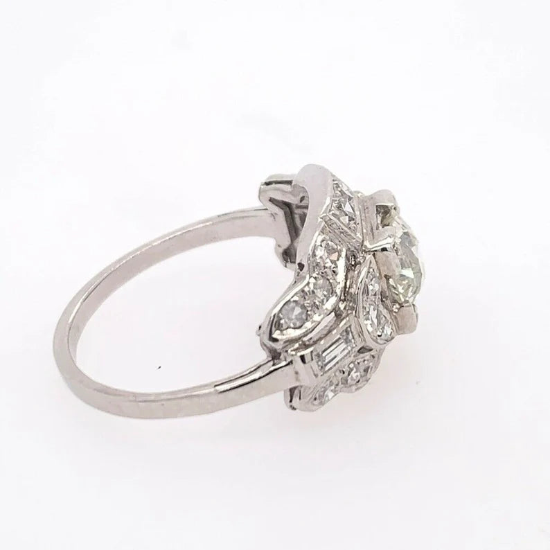 Art Deco Gold Ring 1.25 Carat Natural Old Euro & Baguette Diamond Circa 1950
