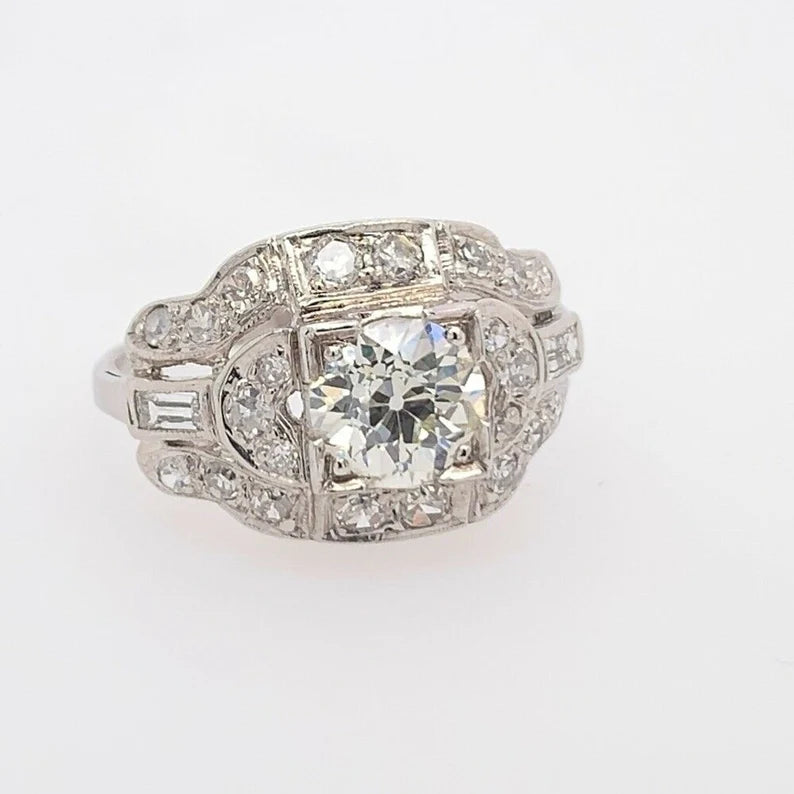 Art Deco Gold Ring 1.25 Carat Natural Old Euro & Baguette Diamond Circa 1950