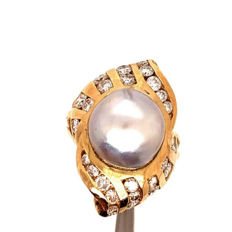 Retro Gold Cocktail Ring 1.38 Carat Natural Colorless Diamond & 11mm Pearl 1950