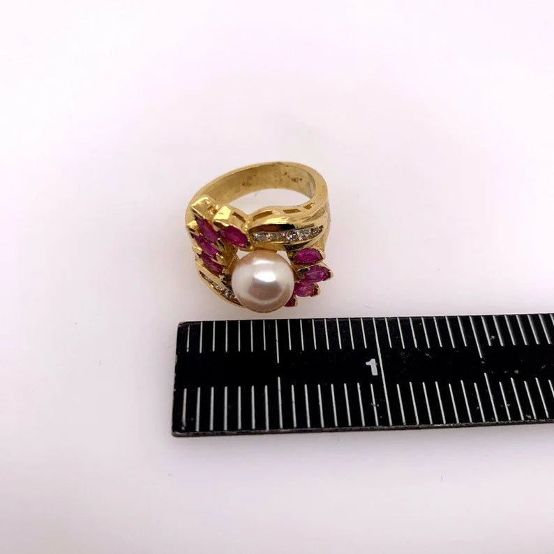 Retro Gold Cocktail Ring 1.50 Carats Natural Ruby, Diamond & Pearl Circa 1960
