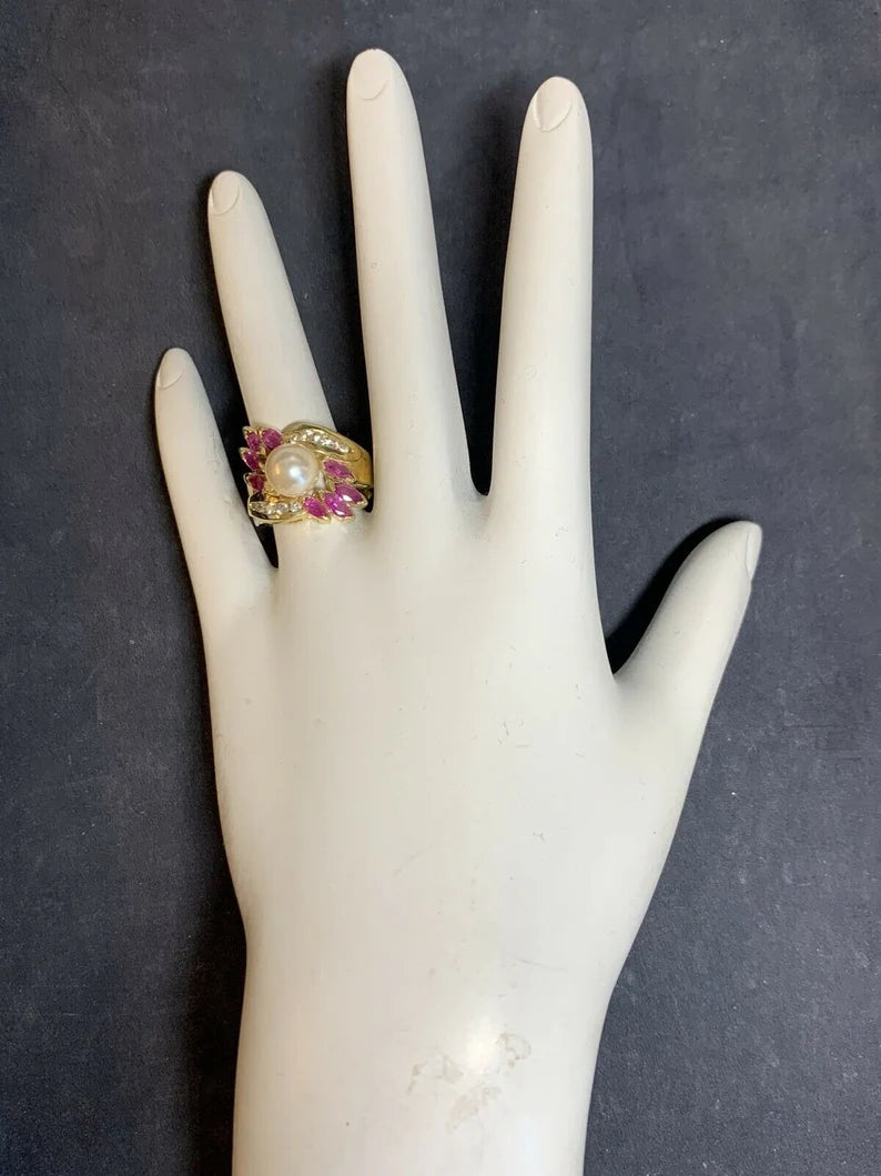 Retro Gold Cocktail Ring 1.50 Carats Natural Ruby, Diamond & Pearl Circa 1960