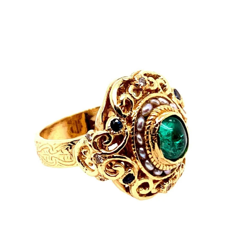 Retro Gold Cocktail Ring 2 Carat Natural Emerald Cab,Sapphire,Diamond Circa 1950