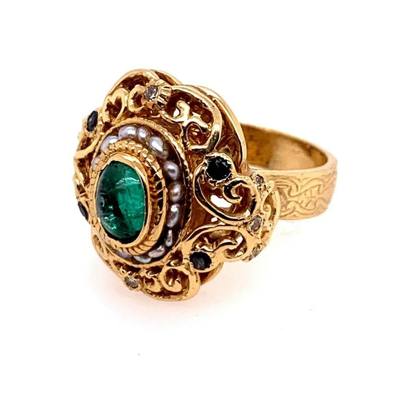 Retro Gold Cocktail Ring 2 Carat Natural Emerald Cab,Sapphire,Diamond Circa 1950