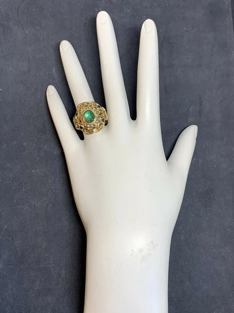 Retro Gold Cocktail Ring 2 Carat Natural Emerald Cab,Sapphire,Diamond Circa 1950