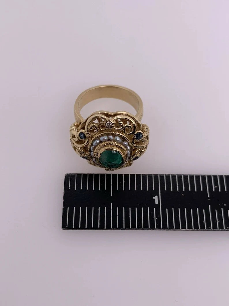 Retro Gold Cocktail Ring 2 Carat Natural Emerald Cab,Sapphire,Diamond Circa 1950