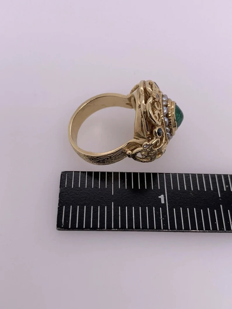Retro Gold Cocktail Ring 2 Carat Natural Emerald Cab,Sapphire,Diamond Circa 1950