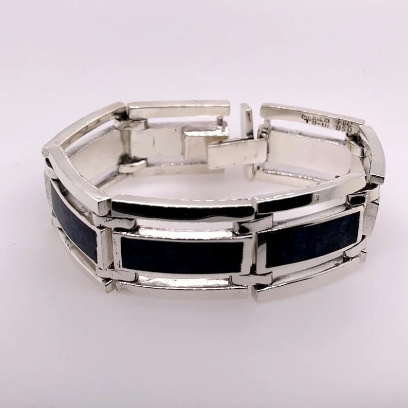 Mens Rare Vintage Mexico 950 Silver Bracelet Natural Sodalite Circa 1980