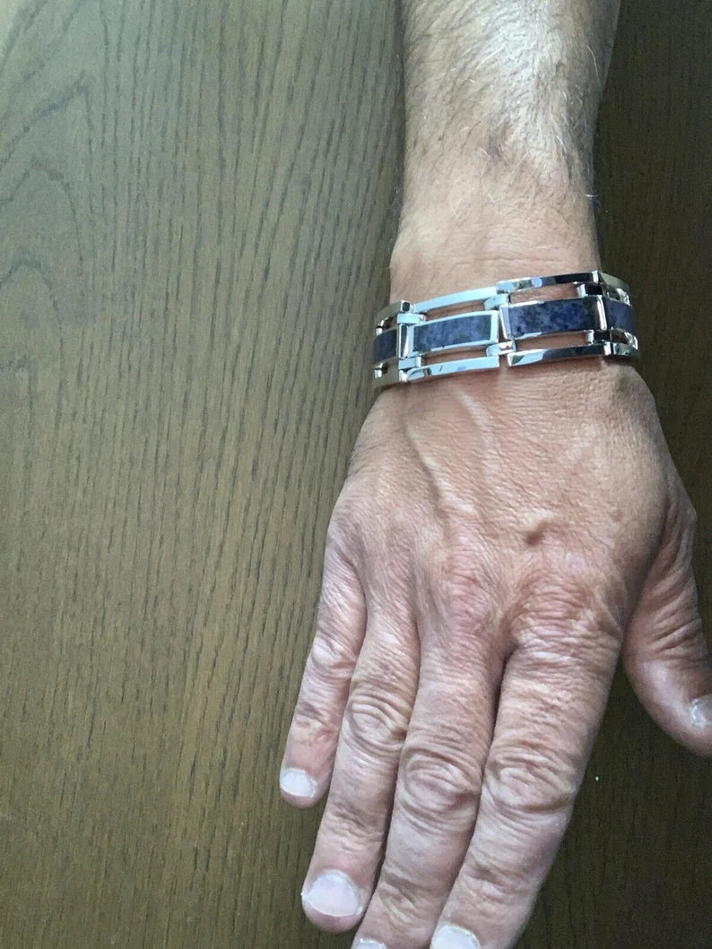 Mens Rare Vintage Mexico 950 Silver Bracelet Natural Sodalite Circa 1980