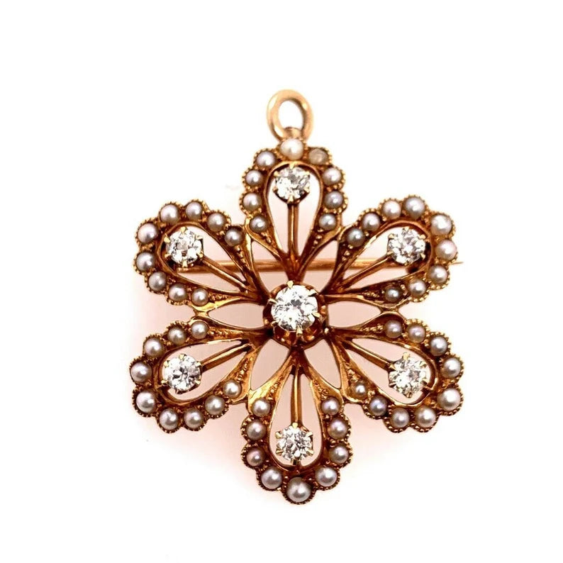 Victorian Gold Pendant & Brooche .65 Carat Natural Old Euro Diamond & Pearl Pin