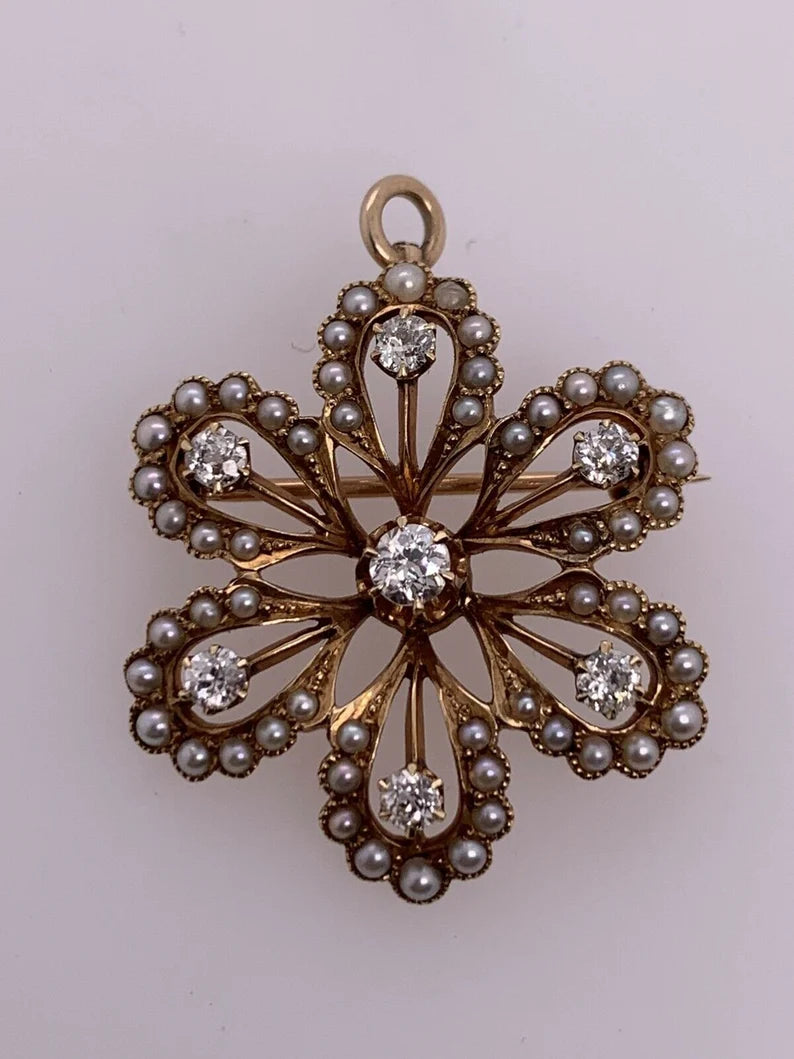 Victorian Gold Pendant & Brooche .65 Carat Natural Old Euro Diamond & Pearl Pin