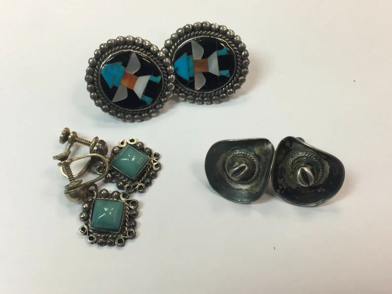 RARE Estate Sterling 925 Silver Native Vintage Earring SET 25.4g Inlay Gem Stone