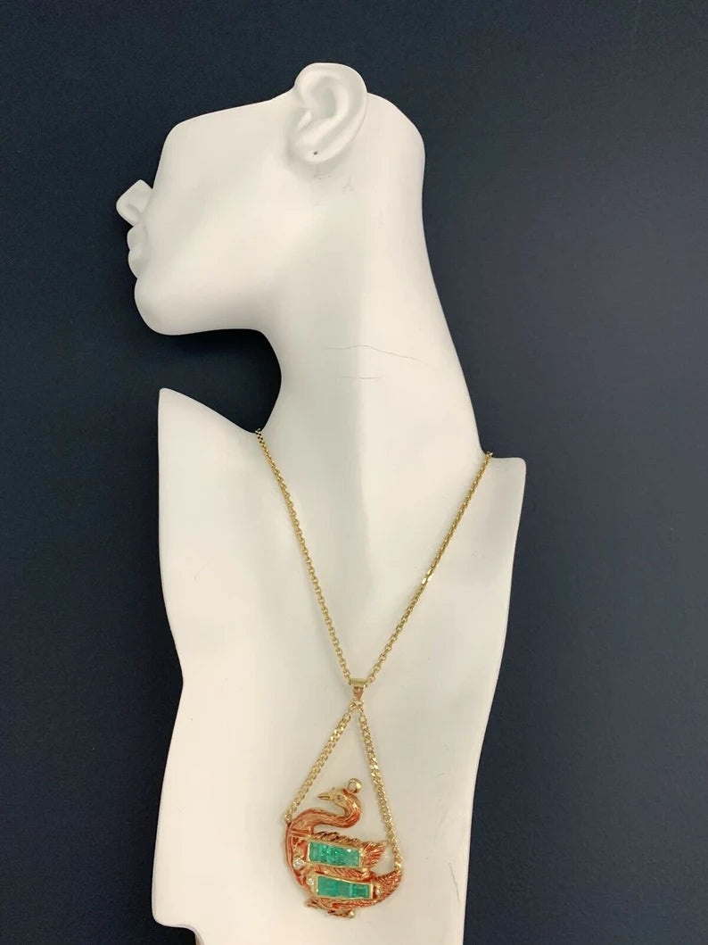 GIA Certified Gold Swan Pendant 6.50 Carat Natural Colombian Emerald Circa 1950