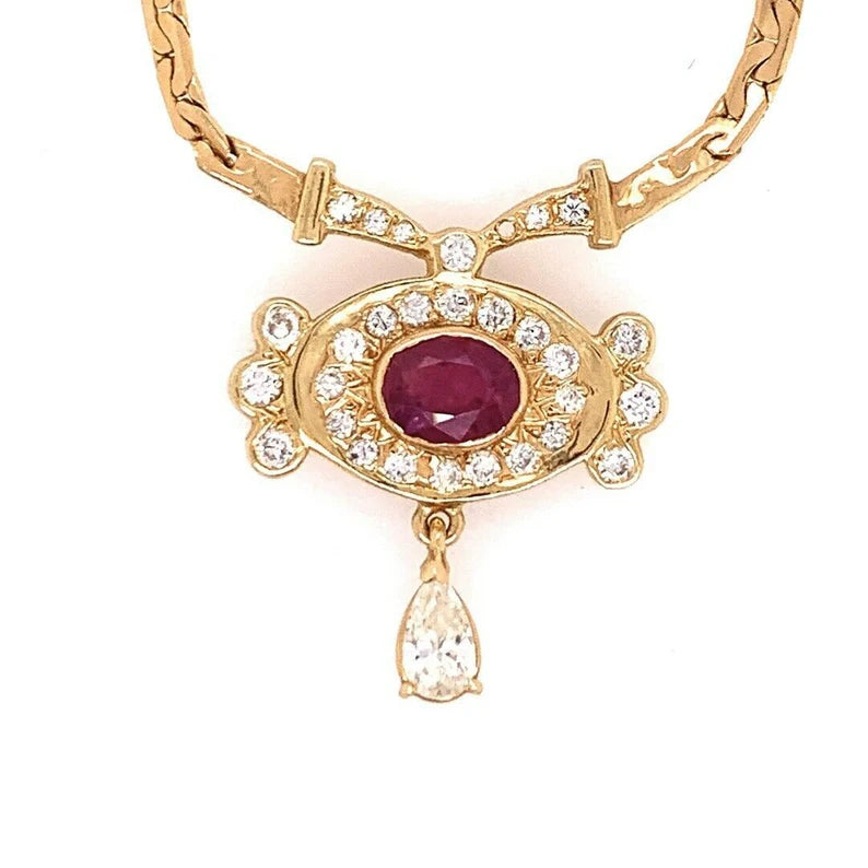 Retro Gold Necklace 3.25 Carat Total Natural Ruby & Diamond Gem Stone Circa 1960