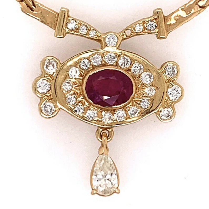 Retro Gold Necklace 3.25 Carat Total Natural Ruby & Diamond Gem Stone Circa 1960
