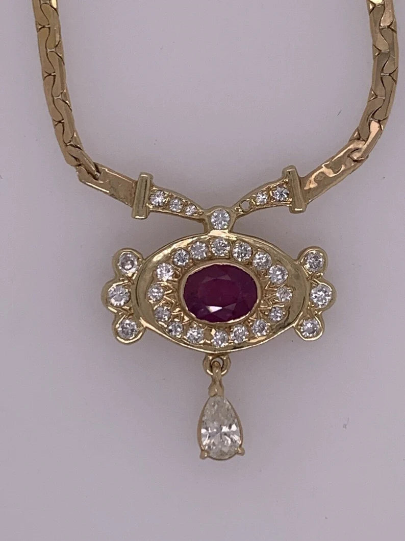 Retro Gold Necklace 3.25 Carat Total Natural Ruby & Diamond Gem Stone Circa 1960