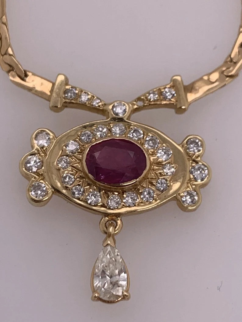Retro Gold Necklace 3.25 Carat Total Natural Ruby & Diamond Gem Stone Circa 1960