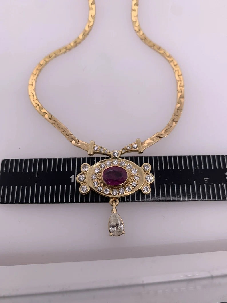 Retro Gold Necklace 3.25 Carat Total Natural Ruby & Diamond Gem Stone Circa 1960