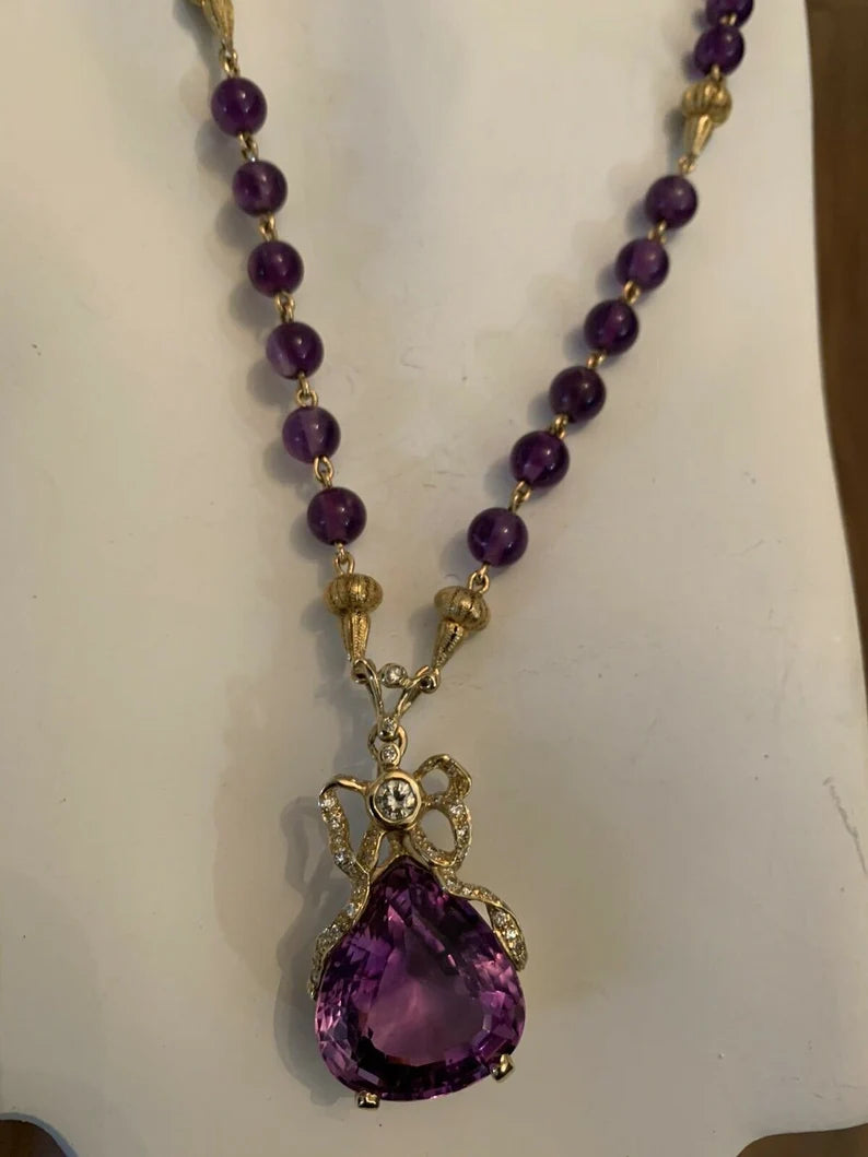 Retro Gold 35 Carat Natural Amethyst & Diamond Pendant Necklace Circa 1960