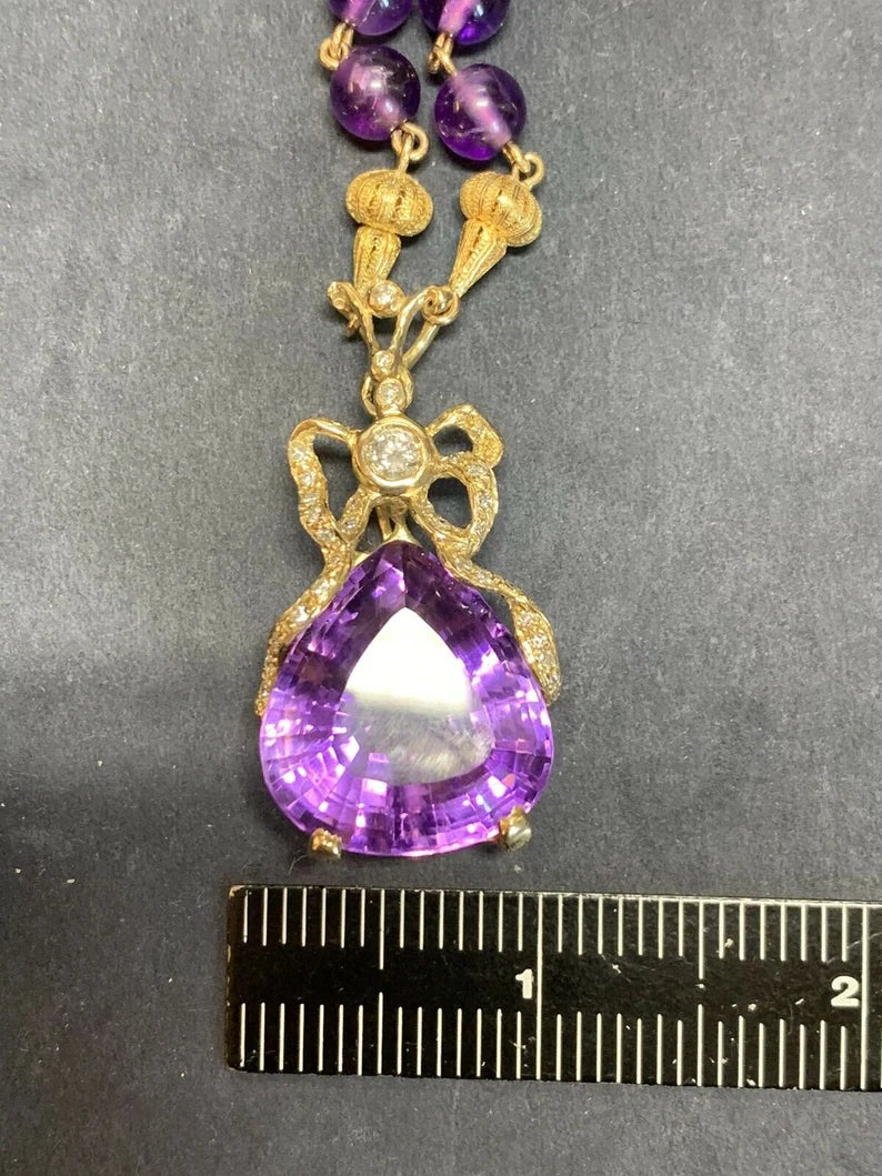 Retro Gold 35 Carat Natural Amethyst & Diamond Pendant Necklace Circa 1960