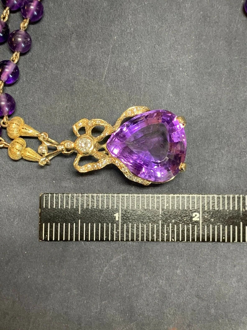 Retro Gold 35 Carat Natural Amethyst & Diamond Pendant Necklace Circa 1960