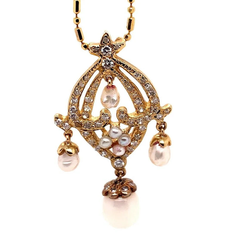 Retro Gold Pendant 0.70 Carat Natural Round Diamond & Pearl Circa 1950
