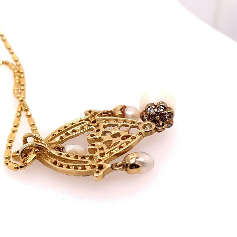 Retro Gold Pendant 0.70 Carat Natural Round Diamond & Pearl Circa 1950