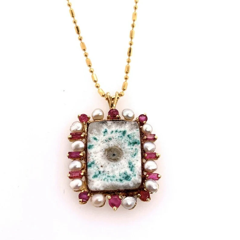 Retro Gold Pendant 0.75 Carat Natural Ruby, Pearl & Geode Quartz Circa 1980