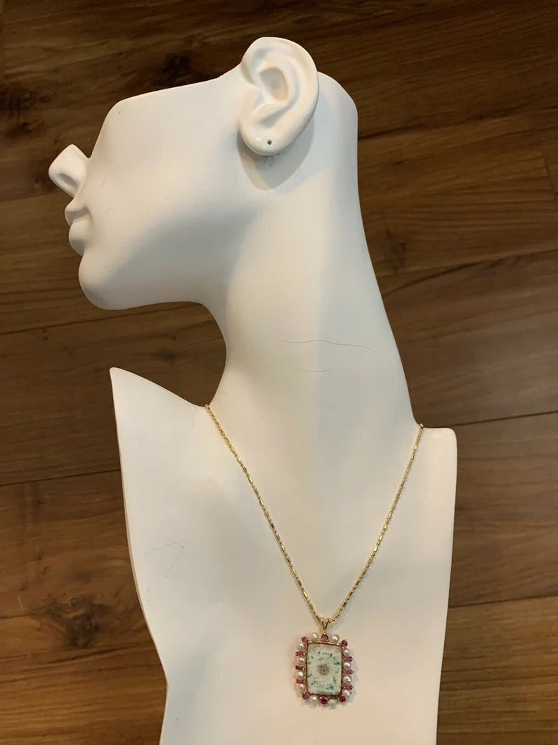 Retro Gold Pendant 0.75 Carat Natural Ruby, Pearl & Geode Quartz Circa 1980