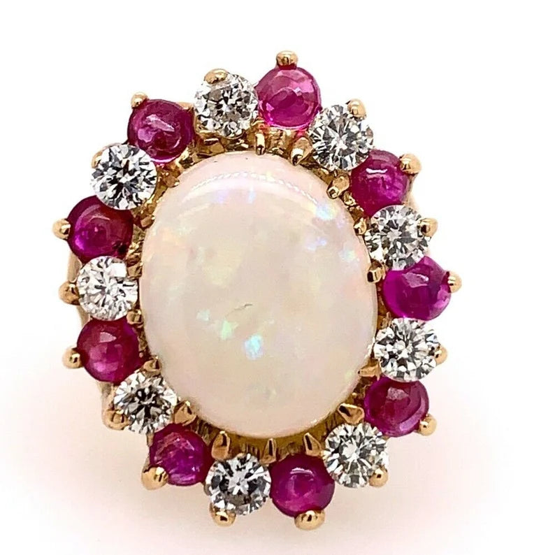 Retro Gold Ring Approx 6.22 Carat Natural Opal Diamond Ruby Gem Stone Circa 1960