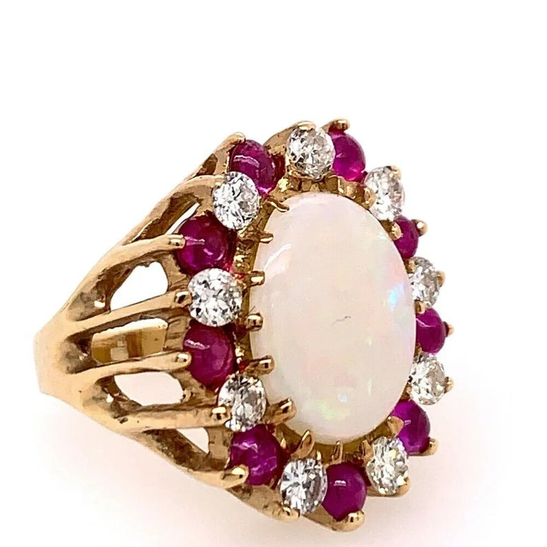 Retro Gold Ring Approx 6.22 Carat Natural Opal Diamond Ruby Gem Stone Circa 1960