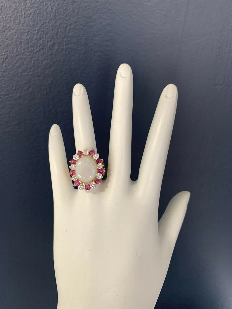 Retro Gold Ring Approx 6.22 Carat Natural Opal Diamond Ruby Gem Stone Circa 1960