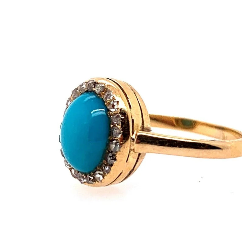 Mid Century Gold Ring Natural Persian Turquoise & Old Mine Diamond Circa 1950