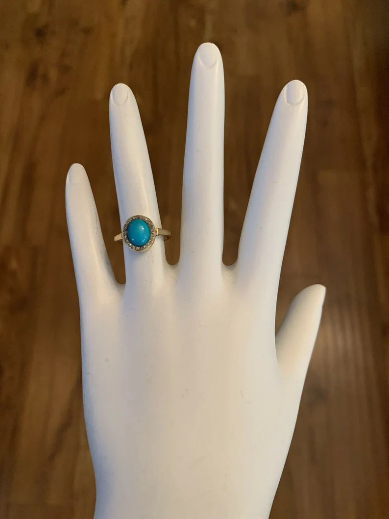 Mid Century Gold Ring Natural Persian Turquoise & Old Mine Diamond Circa 1950