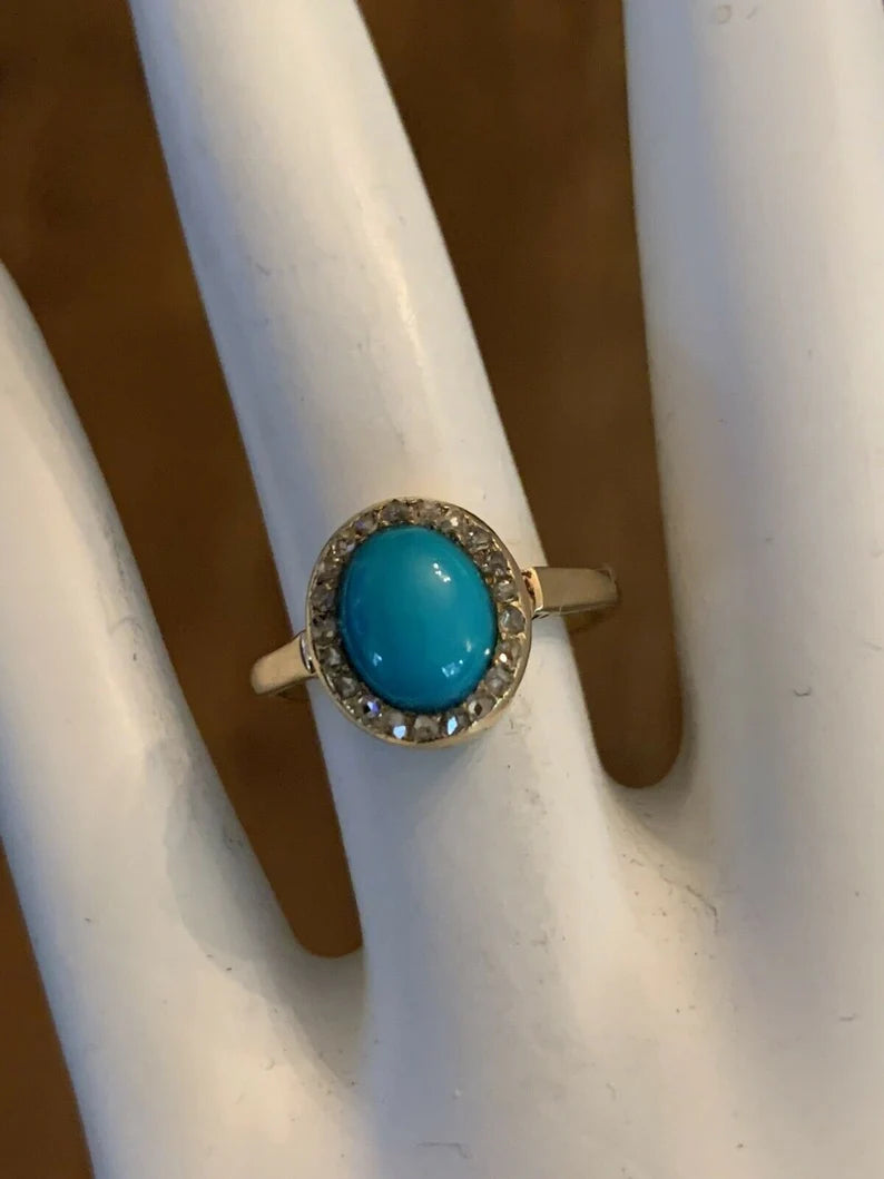 Mid Century Gold Ring Natural Persian Turquoise & Old Mine Diamond Circa 1950