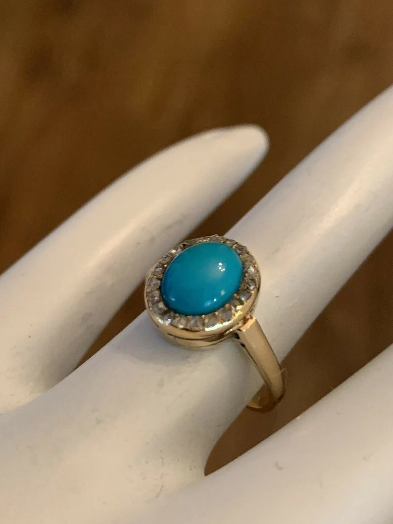 Mid Century Gold Ring Natural Persian Turquoise & Old Mine Diamond Circa 1950