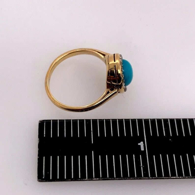 Mid Century Gold Ring Natural Persian Turquoise & Old Mine Diamond Circa 1950