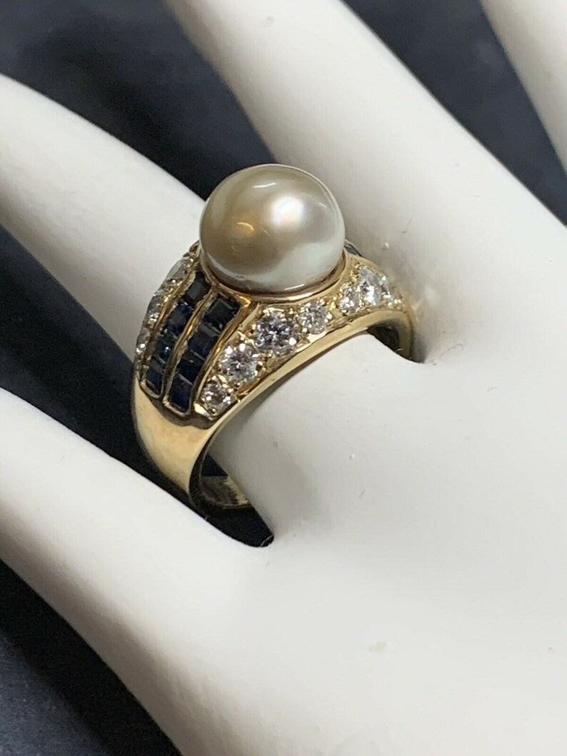 Retro Gold 2.50 Carat Natural Diamond, Sapphire & Pearl Cocktail Ring Circa 1950