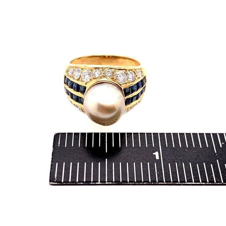 Retro Gold 2.50 Carat Natural Diamond, Sapphire & Pearl Cocktail Ring Circa 1950