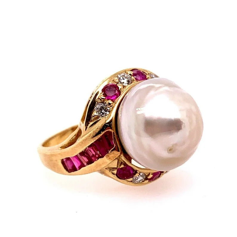 Retro Gold Cocktail Ring 1.4 Carat Natural Ruby, Diamond & 12mm Pearl Circa 1950