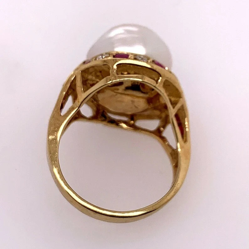 Retro Gold Cocktail Ring 1.4 Carat Natural Ruby, Diamond & 12mm Pearl Circa 1950