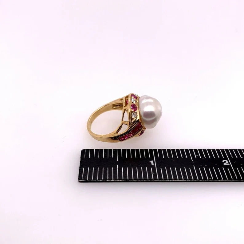 Retro Gold Cocktail Ring 1.4 Carat Natural Ruby, Diamond & 12mm Pearl Circa 1950