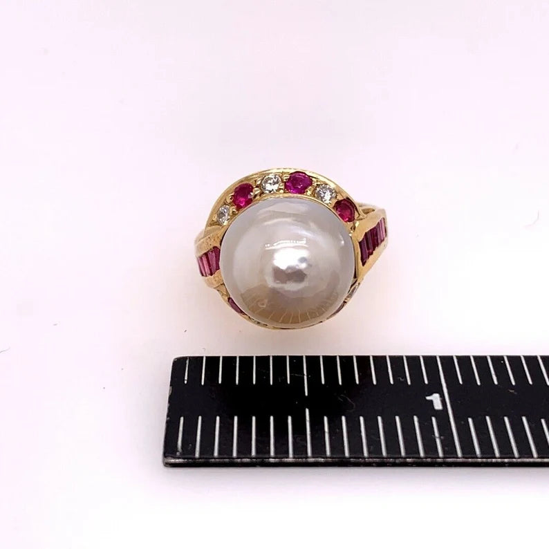 Retro Gold Cocktail Ring 1.4 Carat Natural Ruby, Diamond & 12mm Pearl Circa 1950