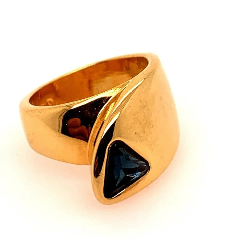 Retro Gold Ring 1 Carat Natural Deep Blue Sapphire Trillion Gem Stone Circa 1960
