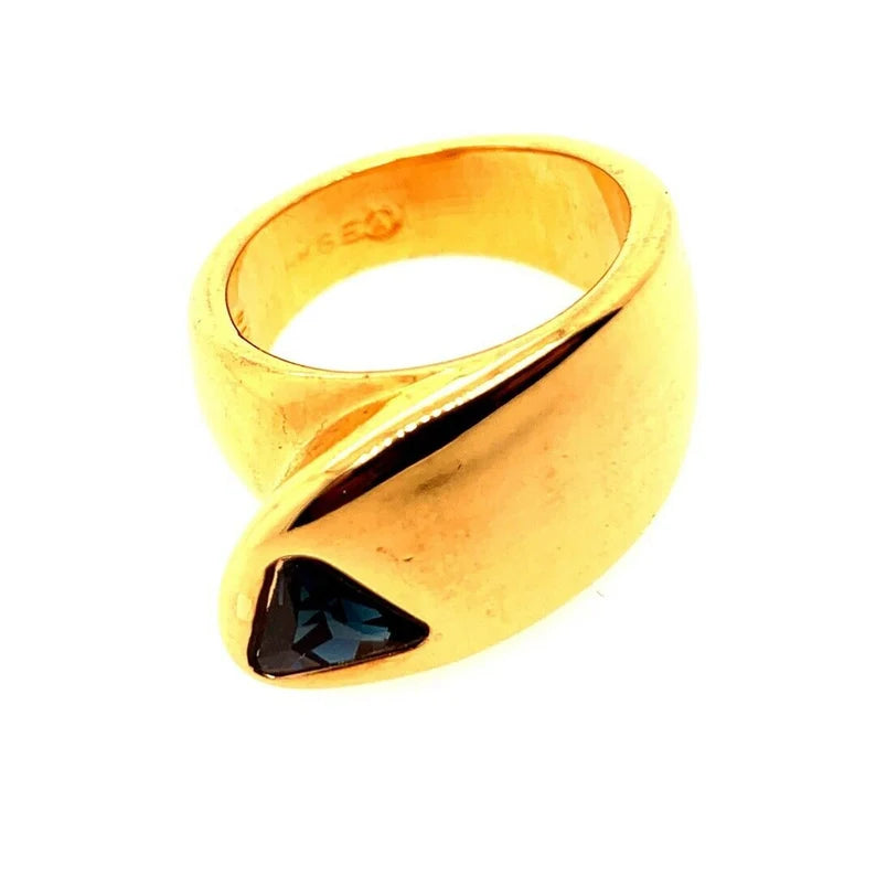 Retro Gold Ring 1 Carat Natural Deep Blue Sapphire Trillion Gem Stone Circa 1960