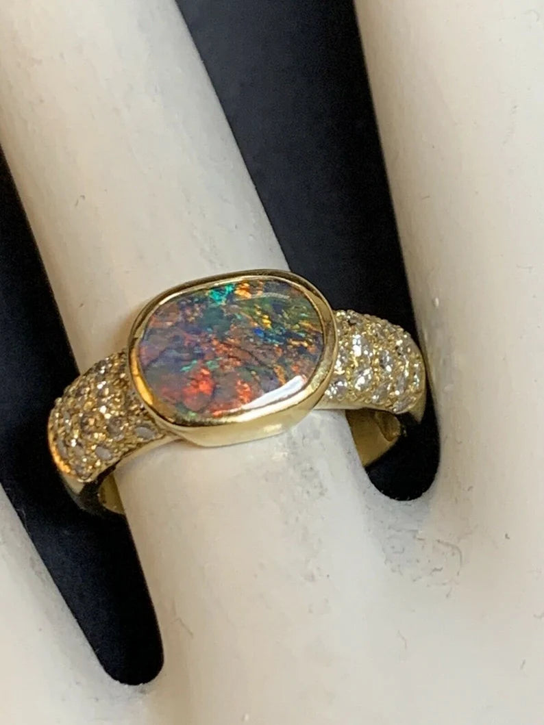 Retro Gold Natural 0.85 Carat Round Diamond and Opal Cocktail Ring Circa 1960