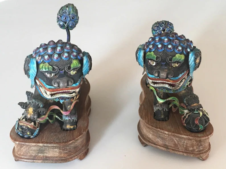 Very Rare Vintage Chinese Silver 925 Enamel Lion Fixture Estate Antique Gem