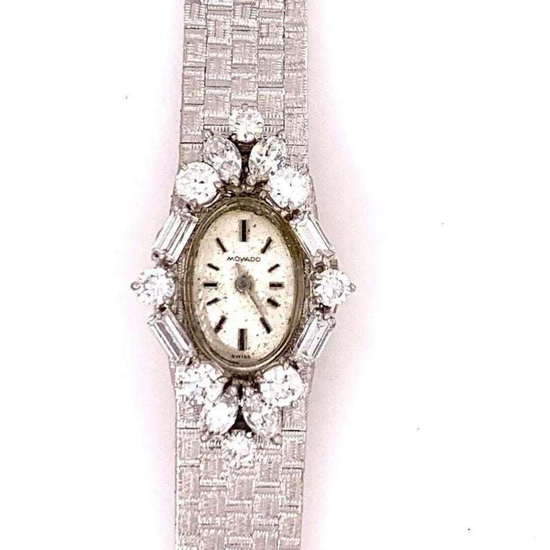 Ladies White Gold Movado 2 Carat Natural Colorless Diamond Manual Cocktail Watch