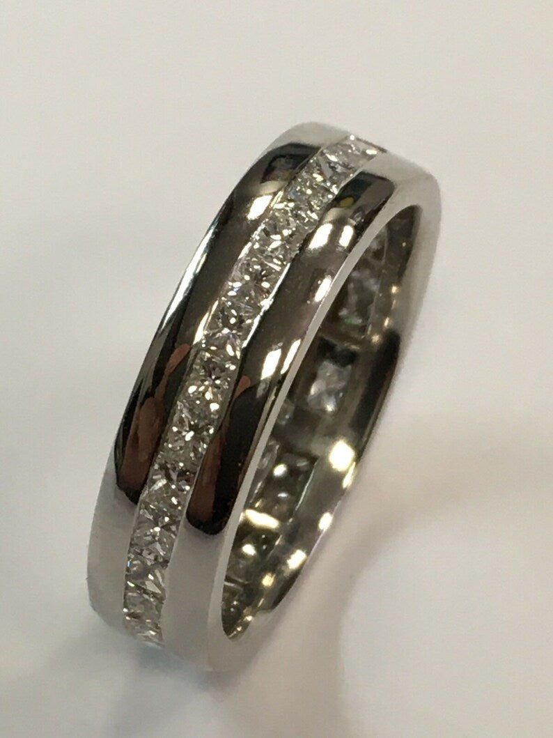 Modern Platinum Band 2 Carat Natural Princess Cut Colorless Diamond Engagement