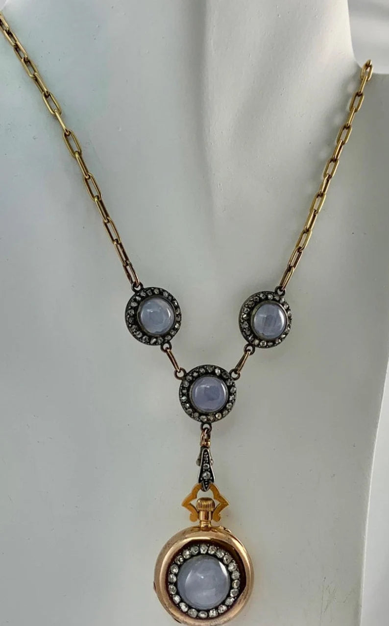 Original Boucheron Star Sapphire and Diamond Gold Necklace Circa 1900 with Clock