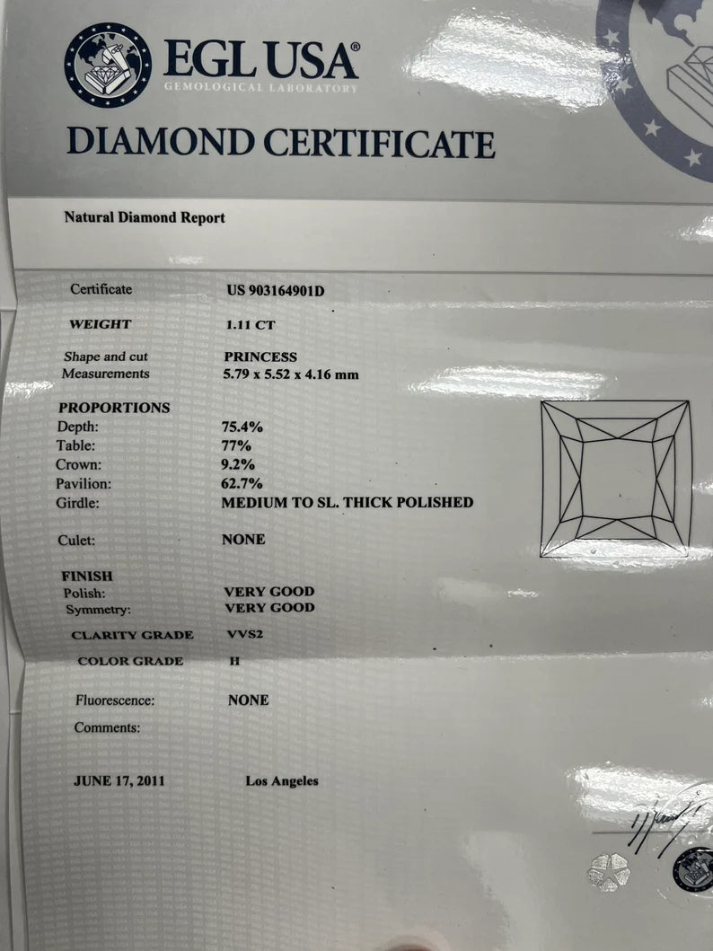 Modern Gold 1.11 Carat EGL USA Certified Natural H VVS2 Princess Diamond Ring